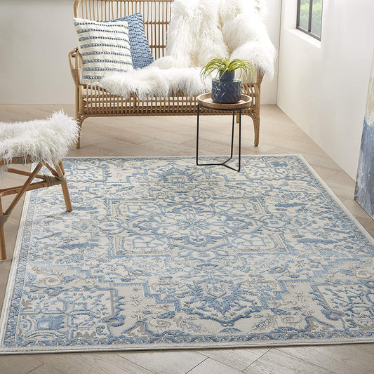 Vintage Ivory Blue Damask Floral Soft Area Rug