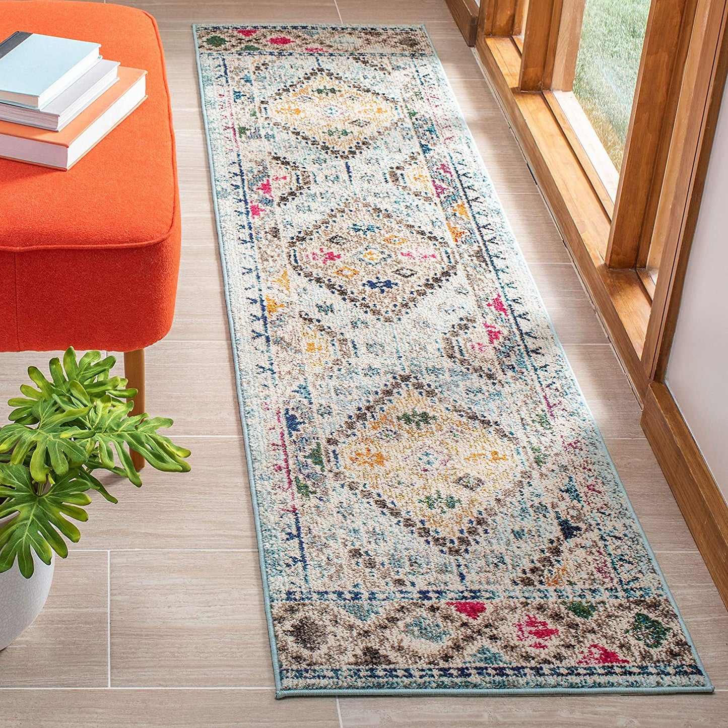 Boho Diamond Distressed Area Rug, Blue/Yellow