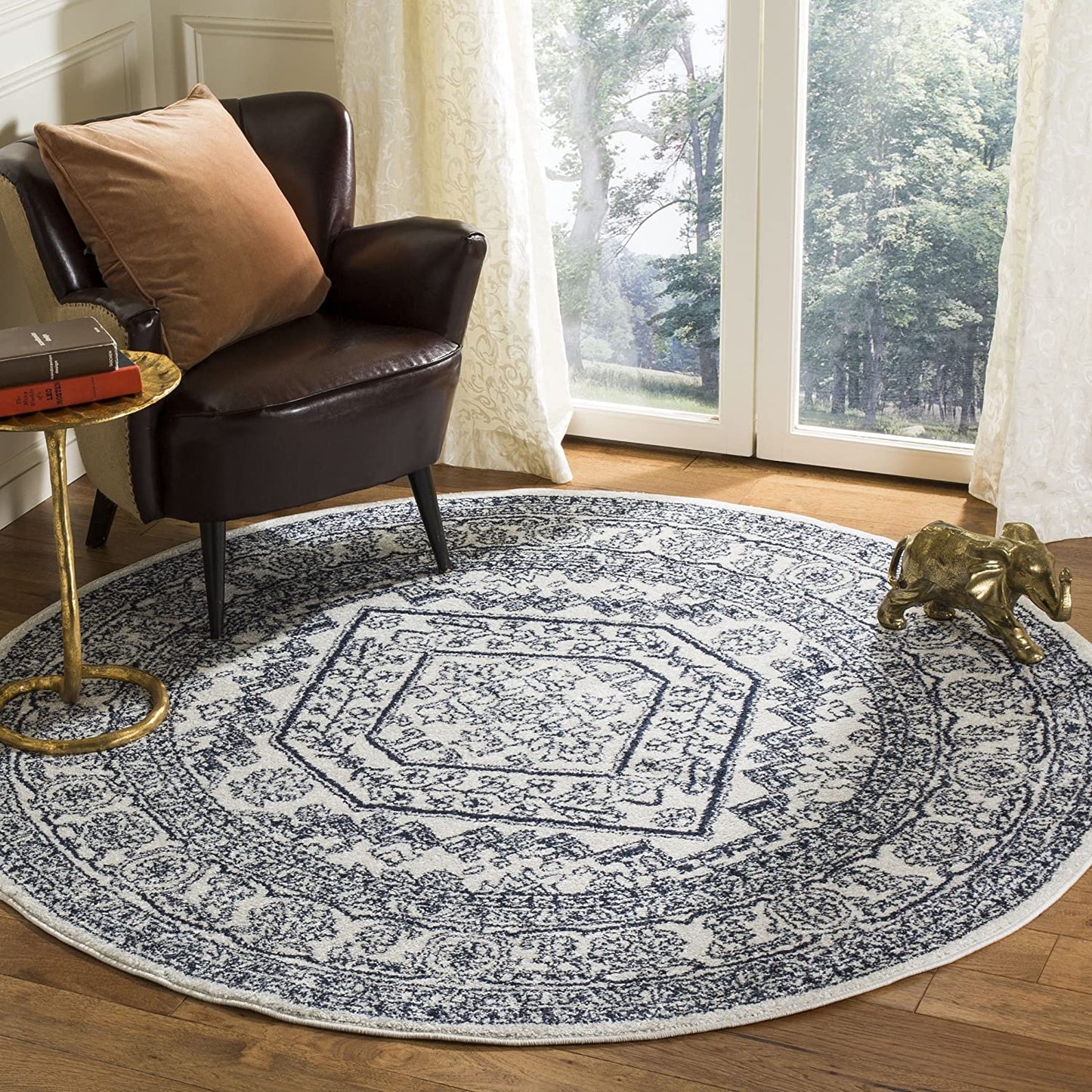Oriental Vintage Distressed Medallion Ivory/Navy Soft Area Rug