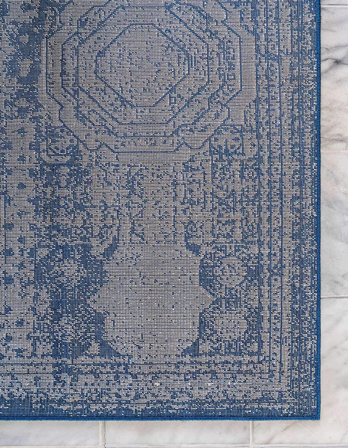 Vintage Traditional Medallion Border Blue Ivory Area Rug