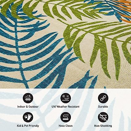 Minorca Floral Leaves Non-Shedding Outdoor Rugs - 2' x 7' Multi