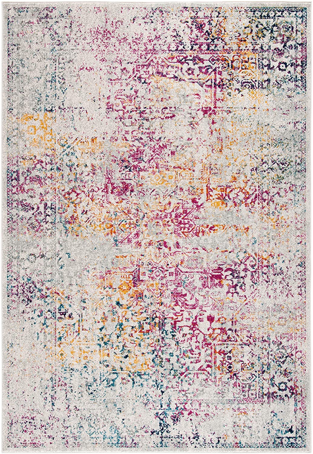 Oriental Shabby Chic Vintage Distressed Area Rug, Ivory/Fuchsia