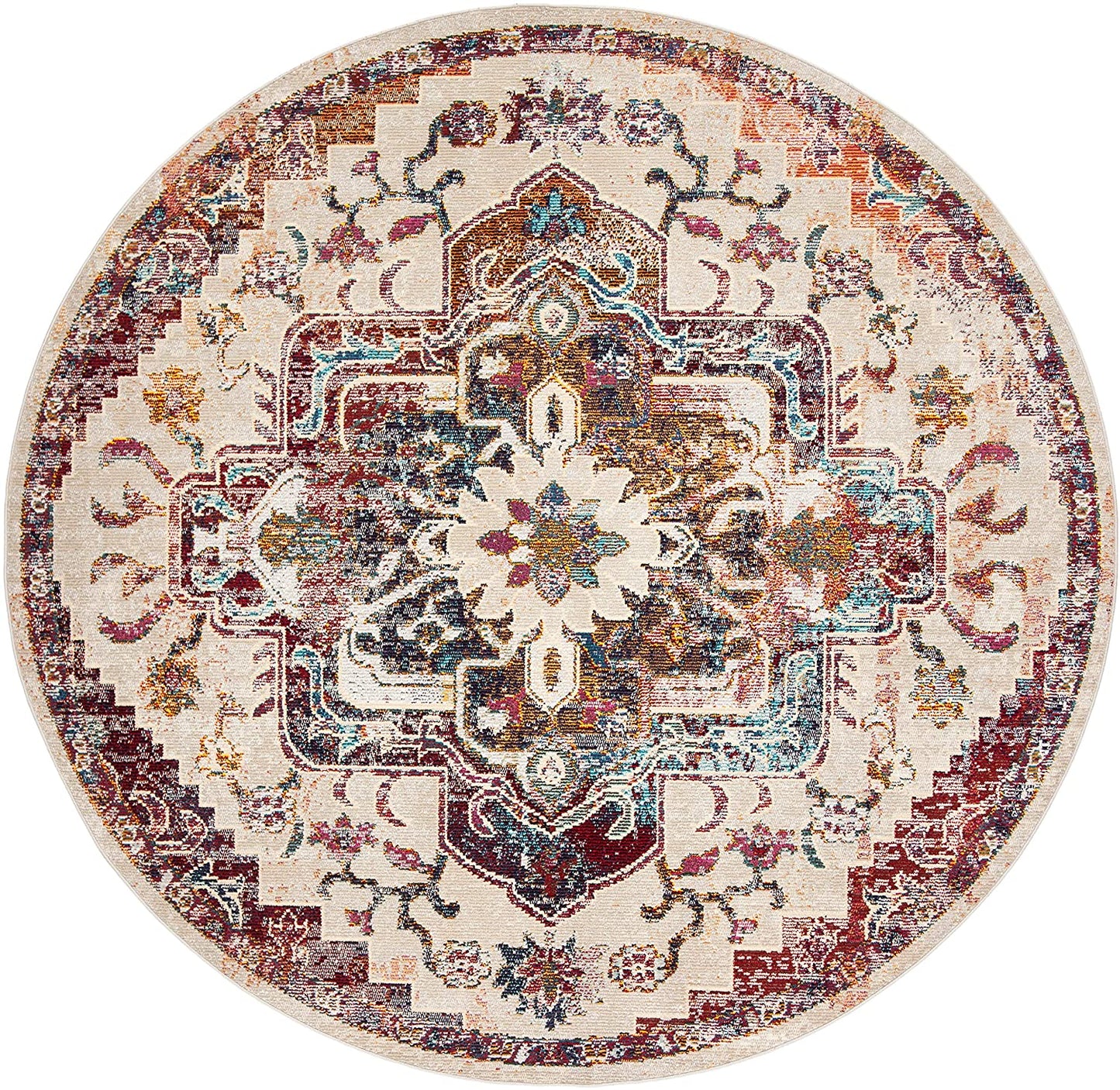 Oriental Medallion Distressed Area Rug, Light Blue / Burgundy