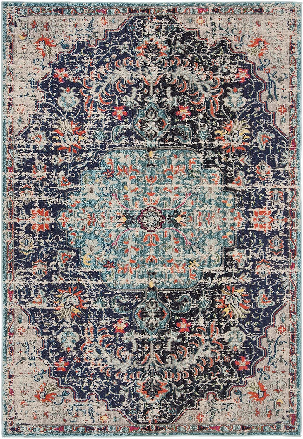Madison Collection Boho Chic Medallion Distress Area Rug Black / Teal