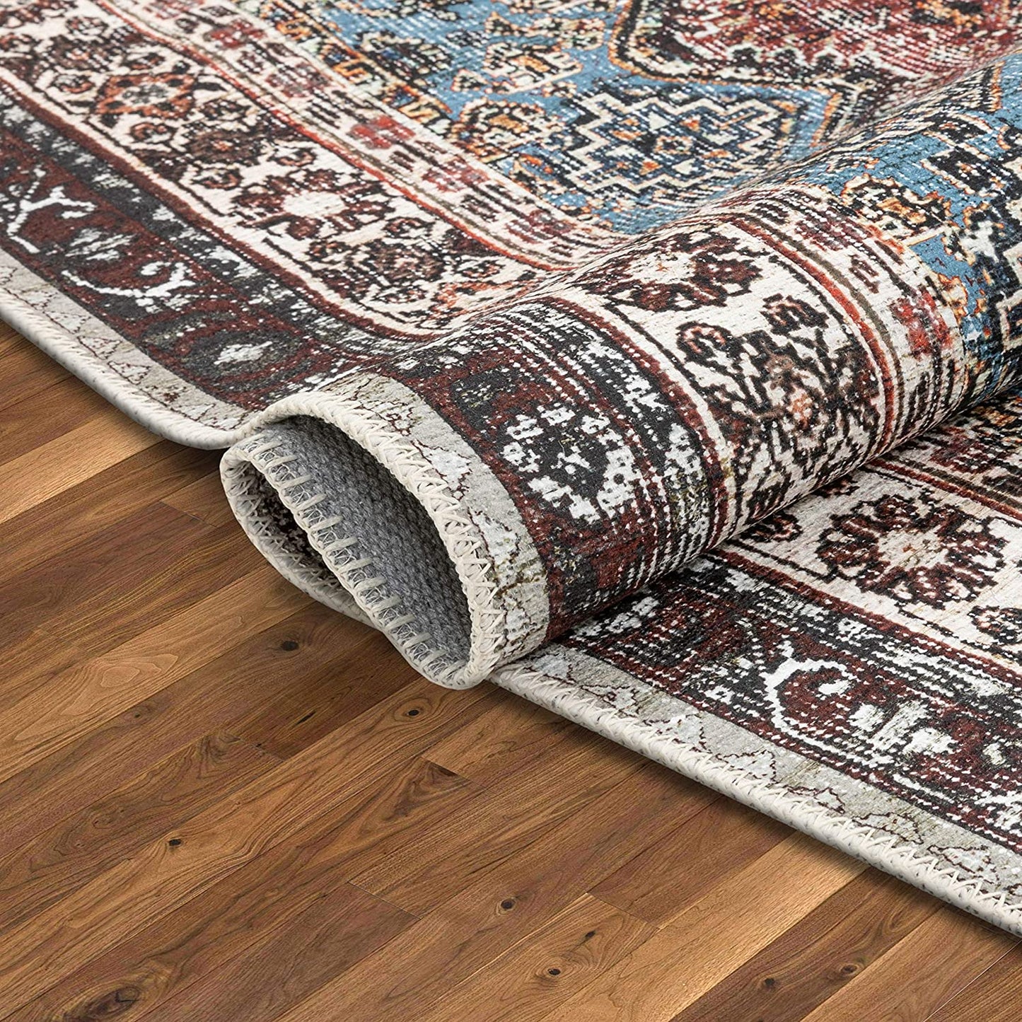 Menda Red Machine Washable Vintage Distressed Persian Soft Area Rug