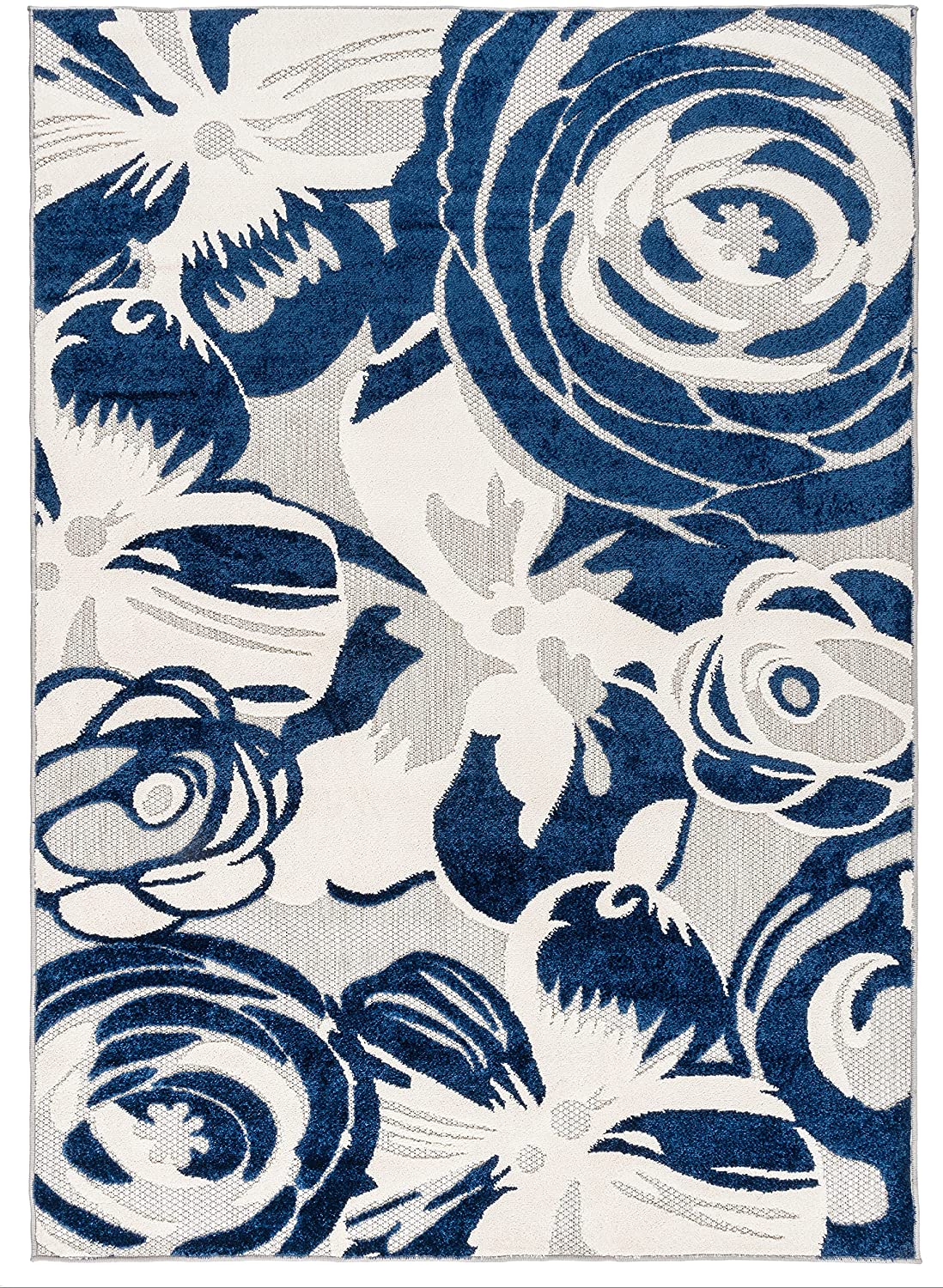 Ravenna Modern Large Floral Flowers Indoor/Outdoor Runner Rug Navy