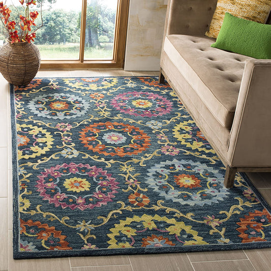 Hand-Hooked Boho Premium Wool Soft Area Rug Blue / Multi