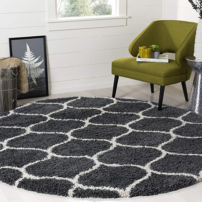 Moroccan Pattern Dark Grey Ivory Plush Shag Area Rug