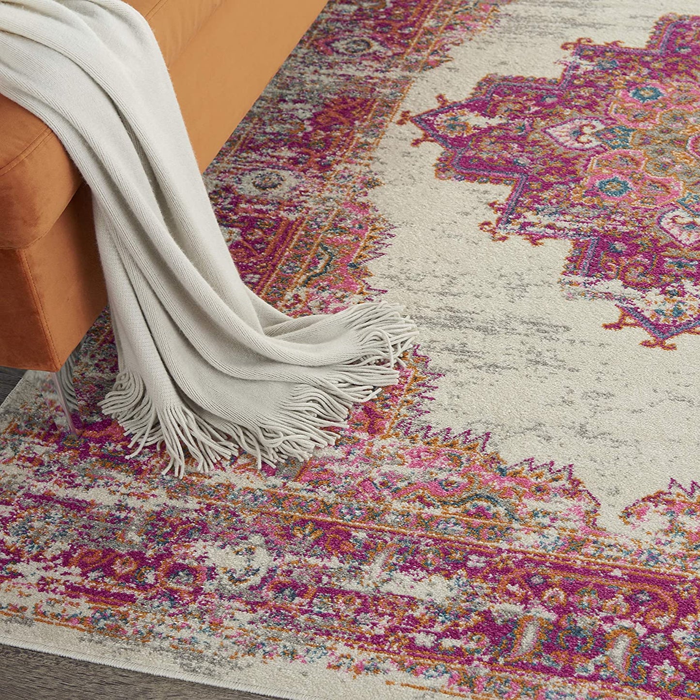 Passion Bohemian Modern/Traditional Area Rug, IVORY/FUSHIA