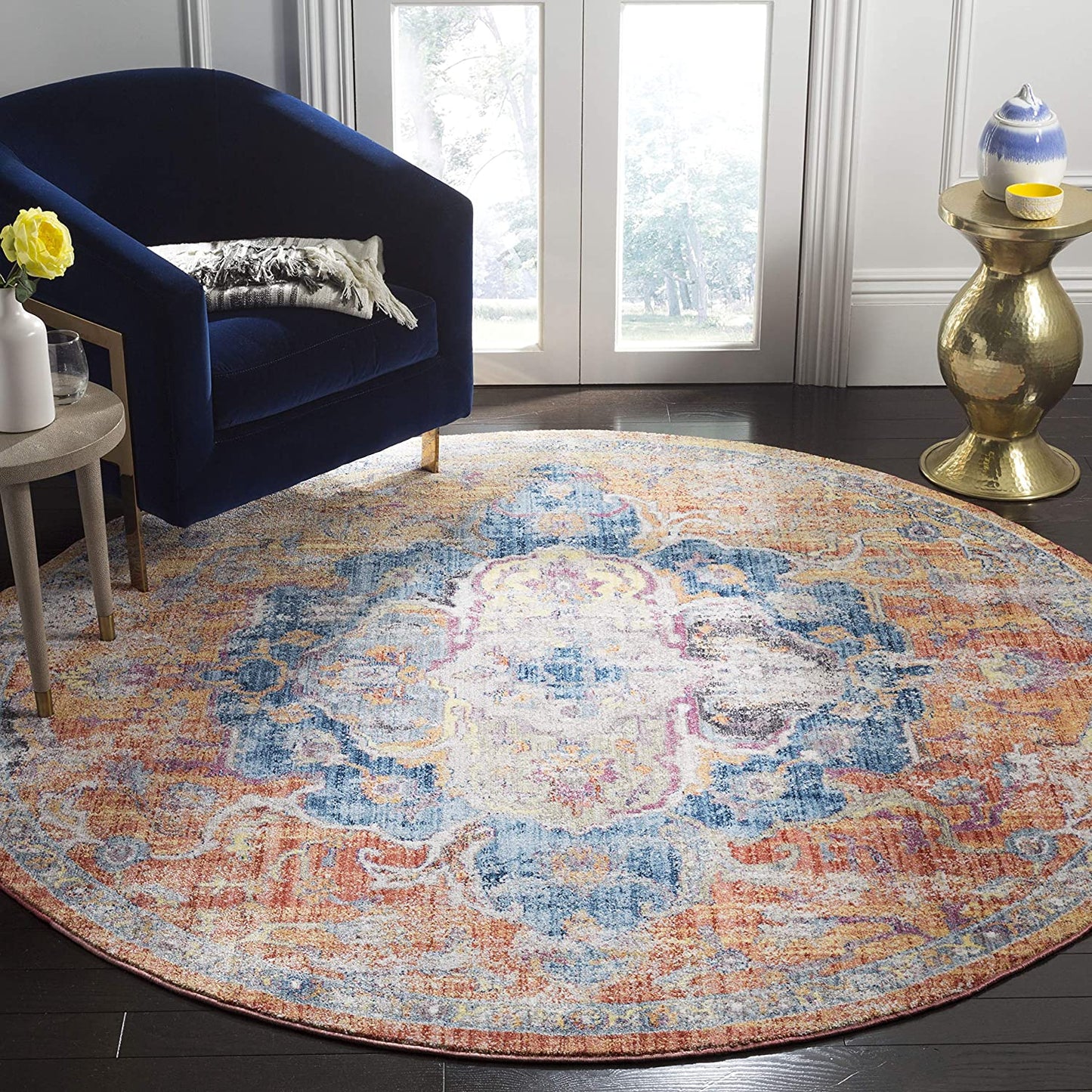 Safavieh Collection  Medallion Distressed Area Rug Blue / Orange