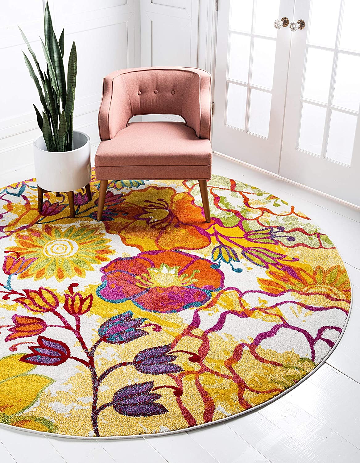 Tuba Modern Floral Runner Rug, Ivory/Yellow