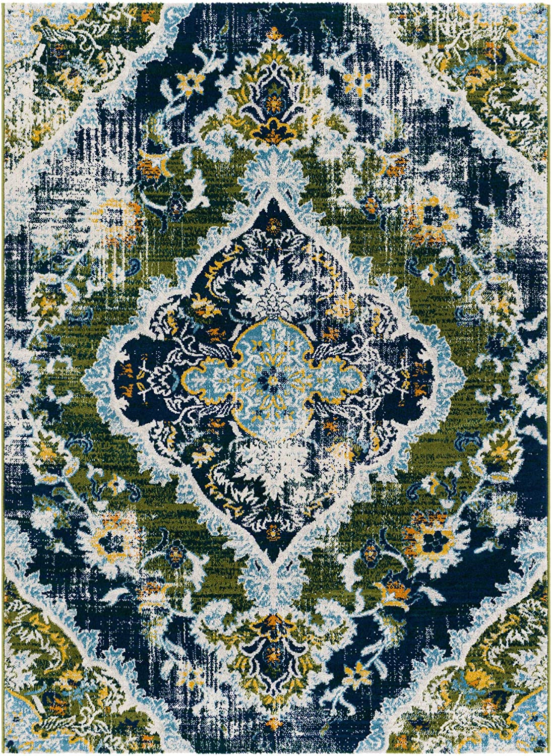 Antioch Bohemian Medallion Area Rug, Dark Green/Navy