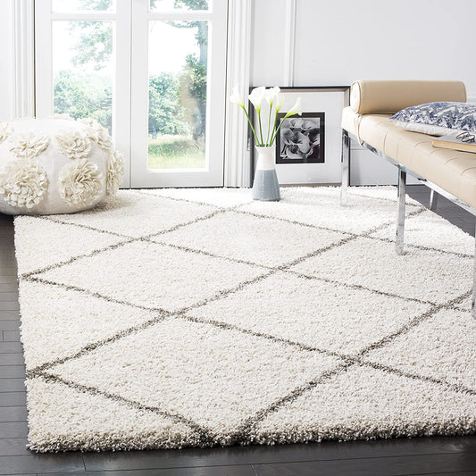 Diamond Trellis Ivory/Grey Soft Plush Area Rug 2-inch Thick