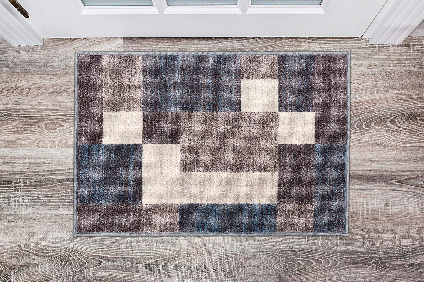 Box Pattern Blue Gray Area Rug Non-Slip Non Skid