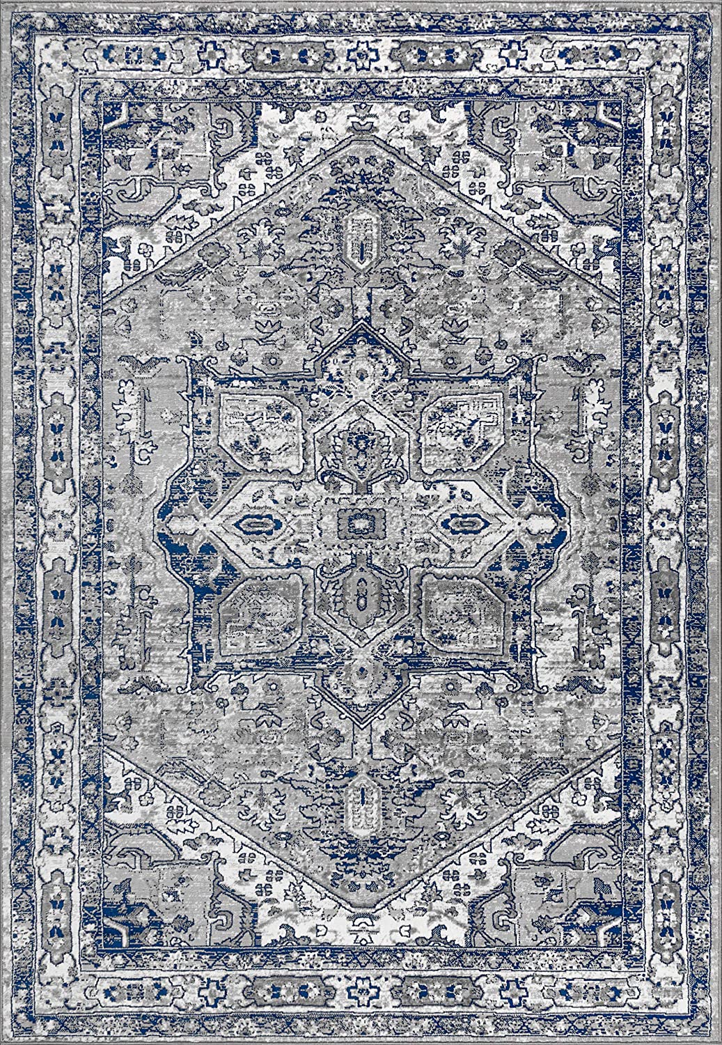 Modern Persian Vintage Medallion Light Grey/Navy Soft Area Rug