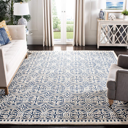 Handcrafted Geometric Navy Blue Ivory Premium Wool Soft Area Rug