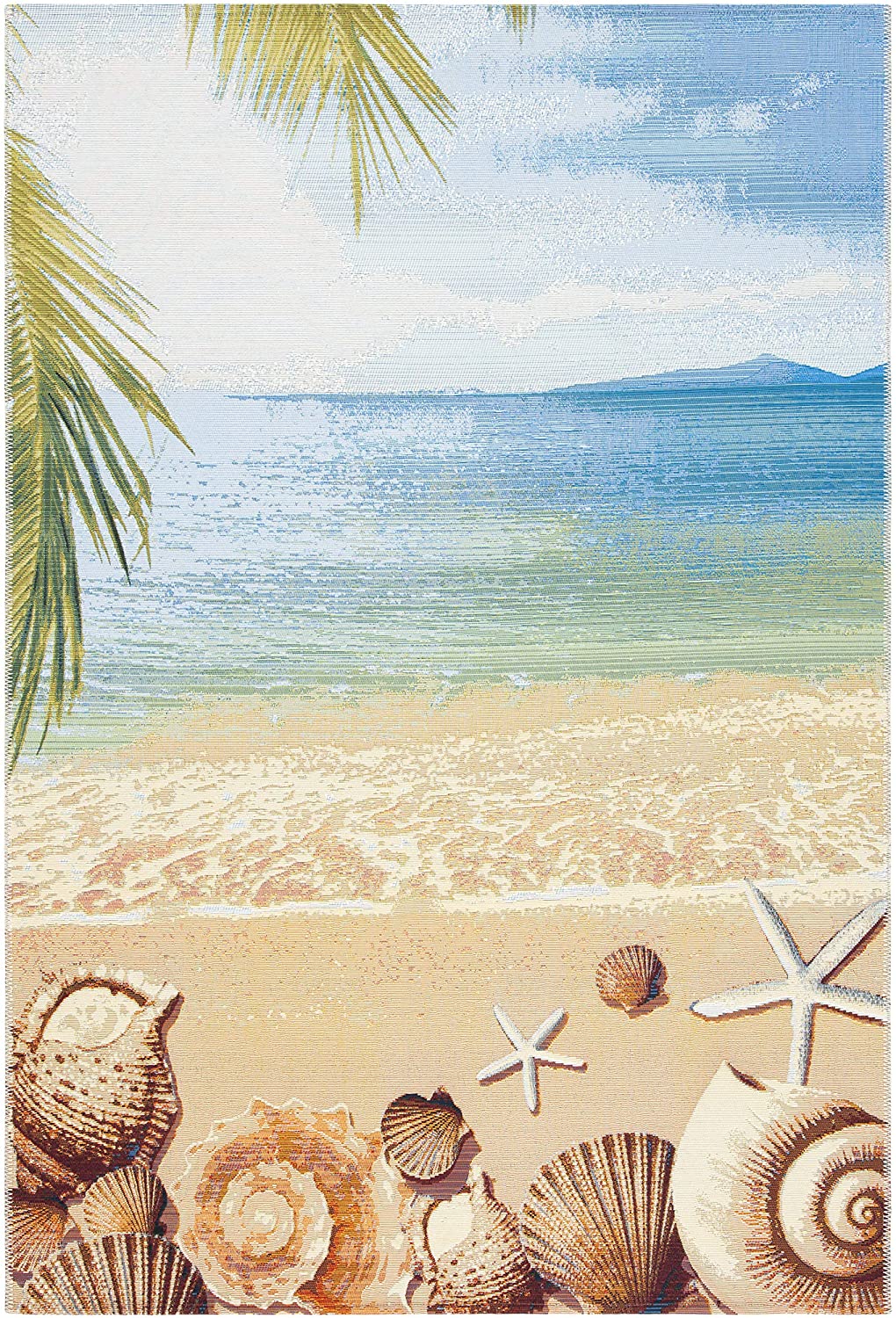 Tropical Beach Seashell Indoor/ Outdoor Patio Backyard Area Rug, Gold / Blue