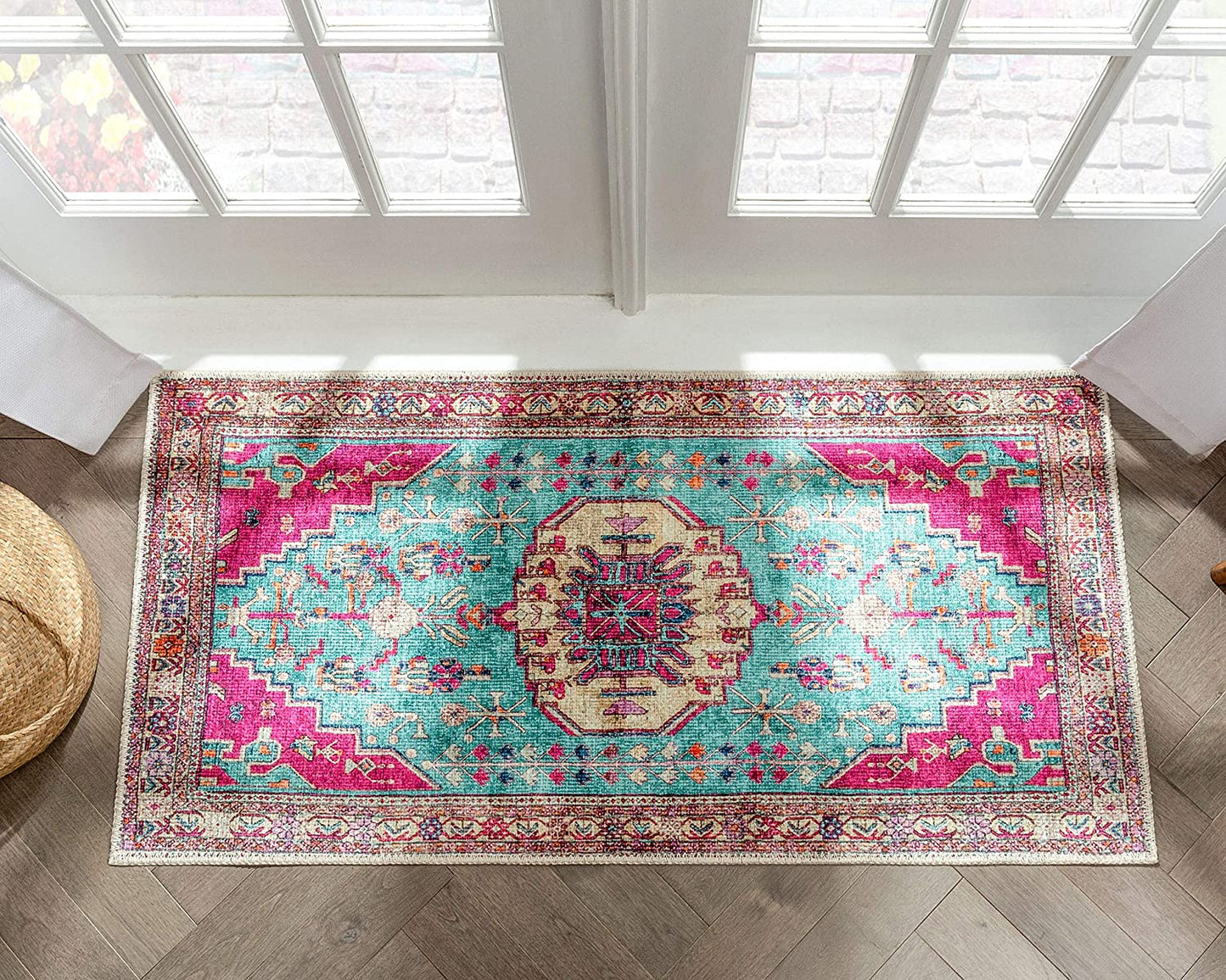 Shasta Blue Fuchsia Machine Washable Vintage Distressed Persian Area Rug