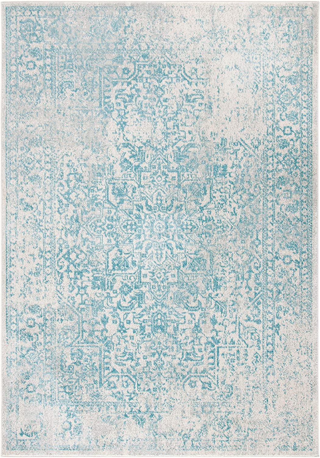 Oriental Shabby Chic Vintage Distressed Area Rug Ivory/Aqua