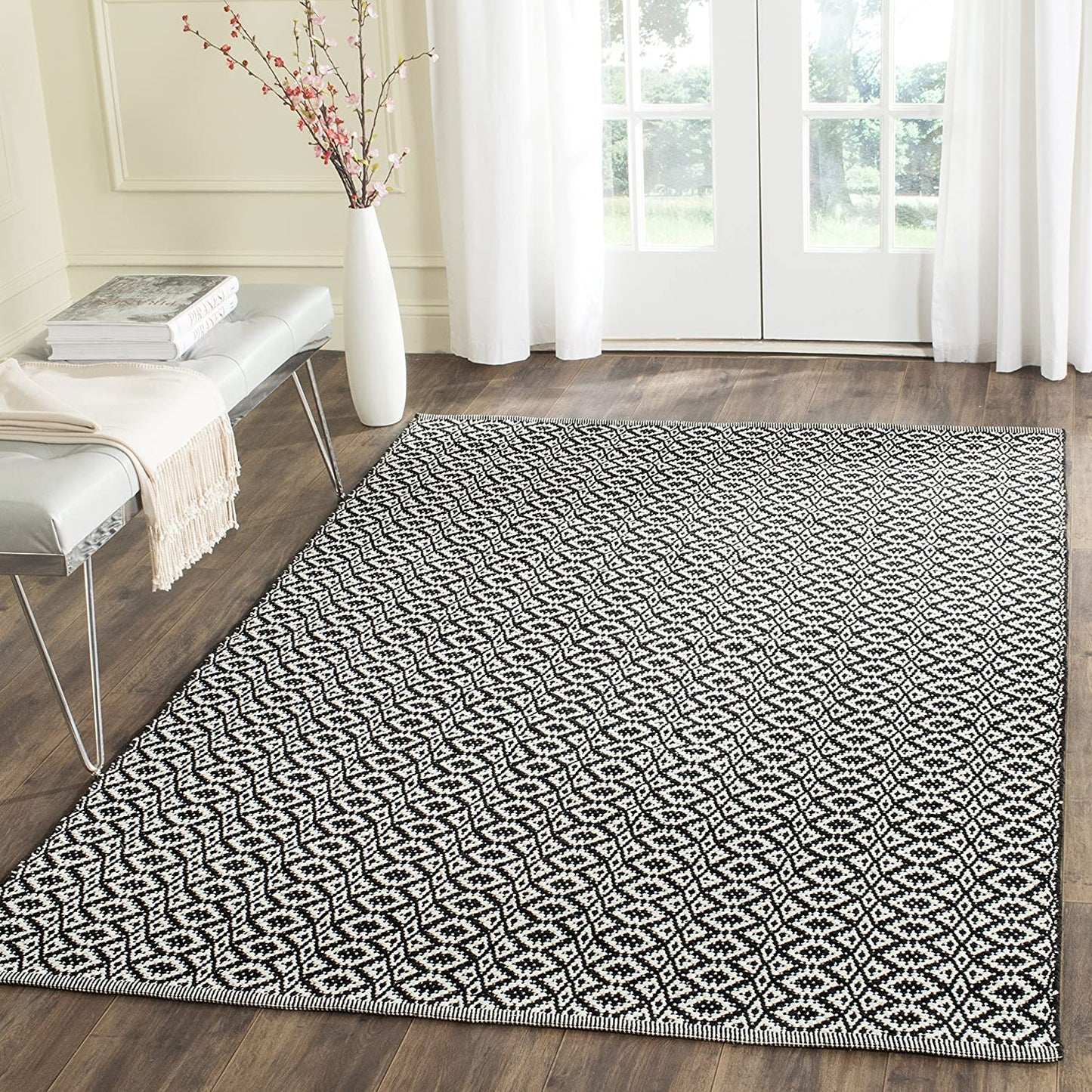 Handmade Cotton Rug, Ivory / Black