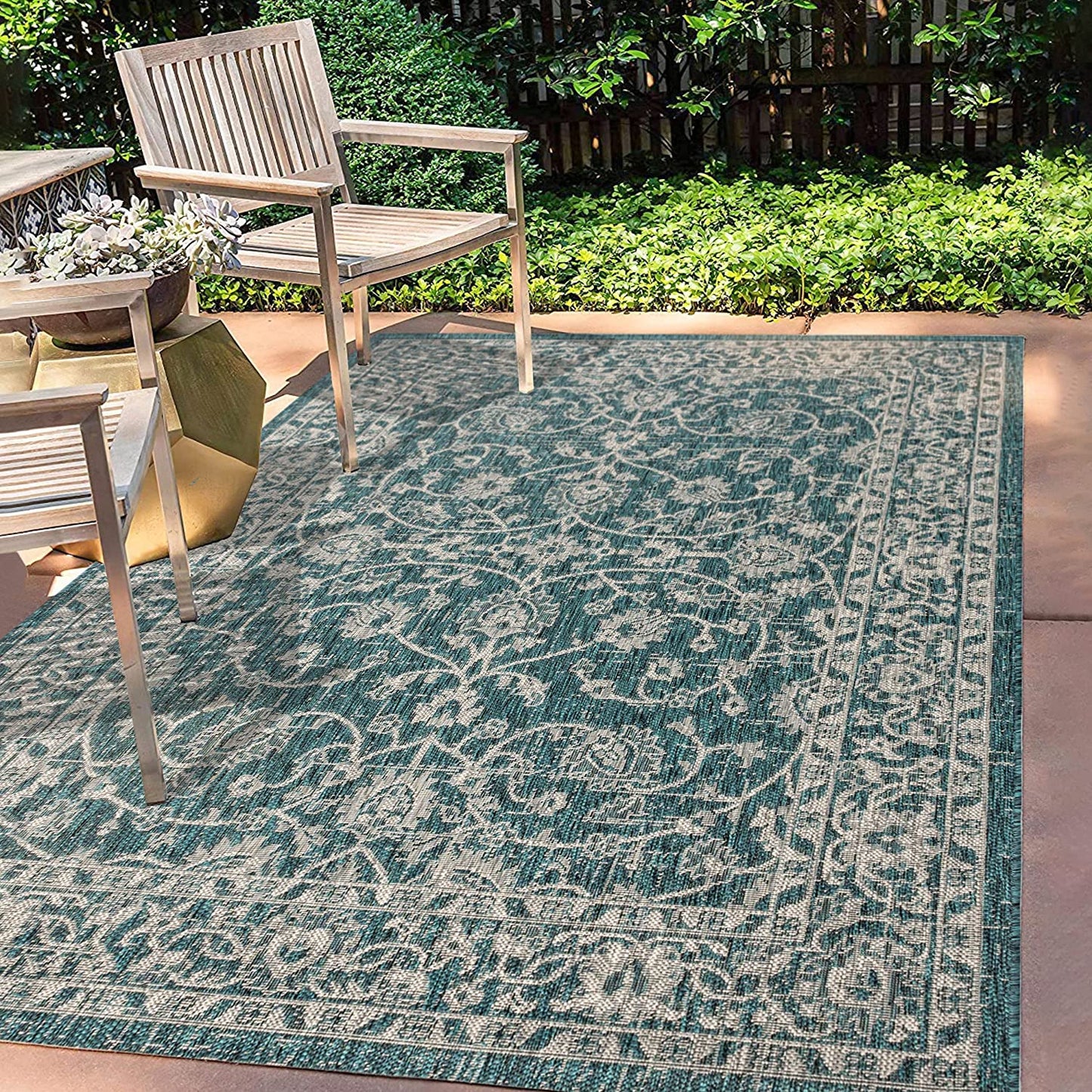 Palazzo Vine and Border Textured Weave Indoor/Outdoor Teal/Gray