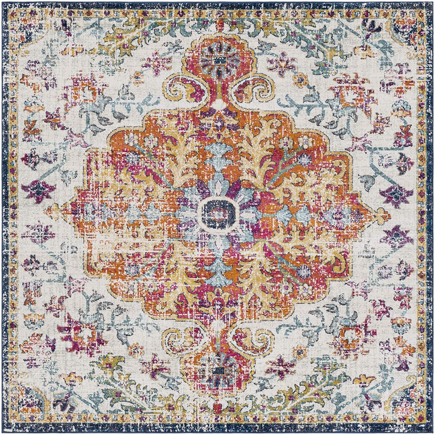 Traditional Medallion Orange/Navy Soft Area Rug