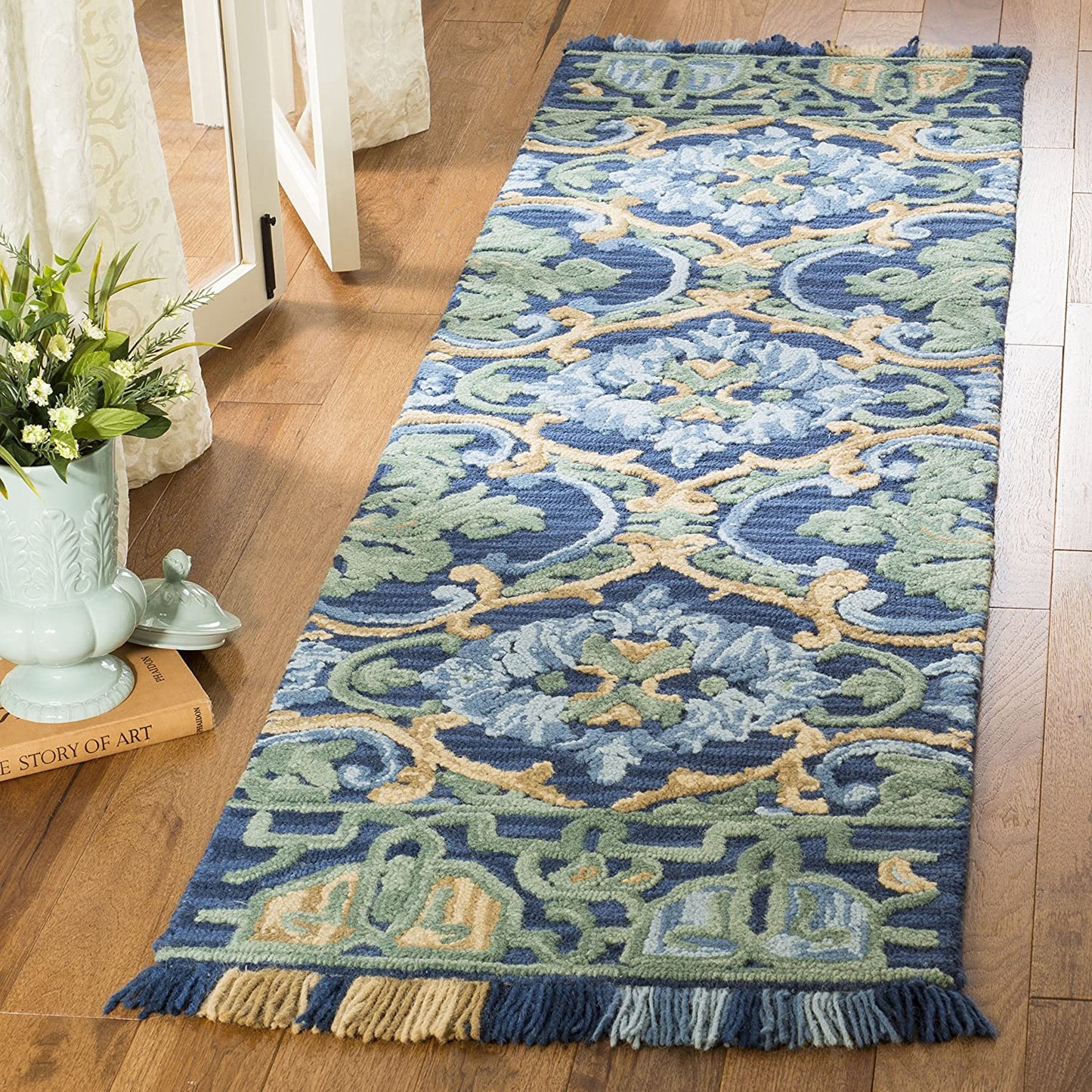 Handmade Fringe Premium Wool Area Rug, Navy / Green