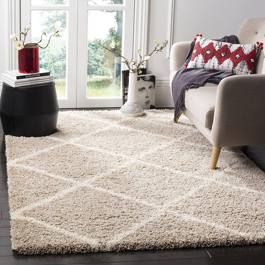 Diamond Trellis Beige/Ivory Soft Plush Shag Area Rug 2-inch Thick
