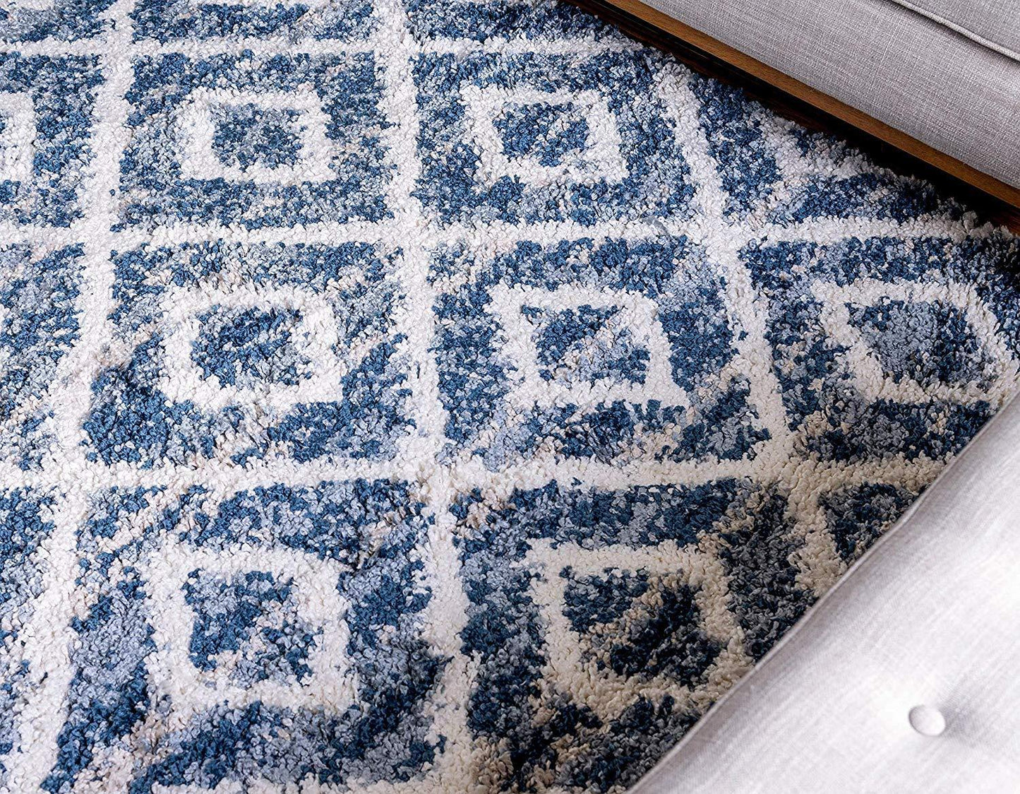 Lattice Tassel Blue Ivory Beige Plush Shag Area Rugs