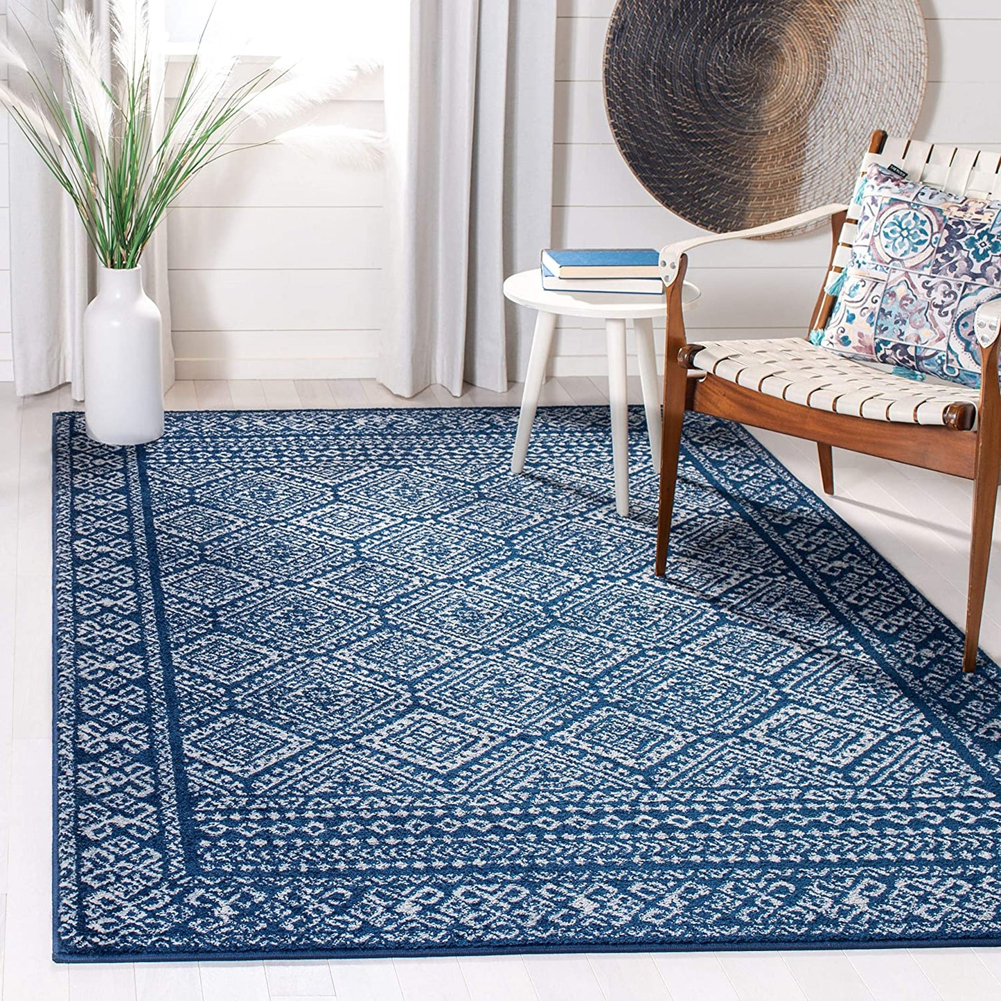 Moroccan Boho Distressed Area Rug Navy / Ivory