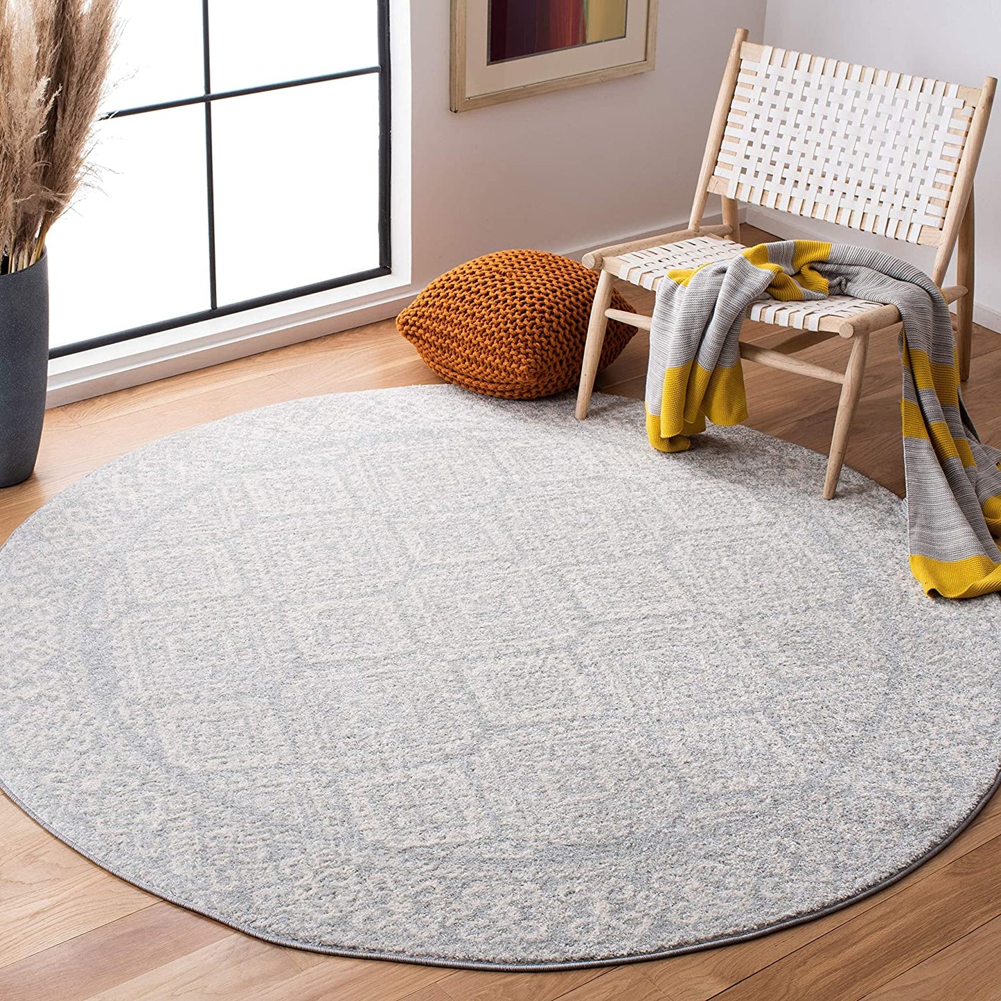 Moroccan Boho Distressed  Area Rug Light Grey / Ivory