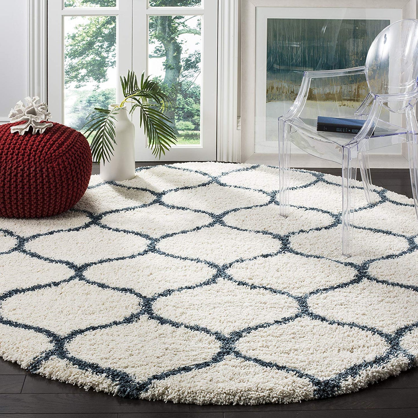 Moroccan Pattern Ivory Slate Blue Plush Area Rug