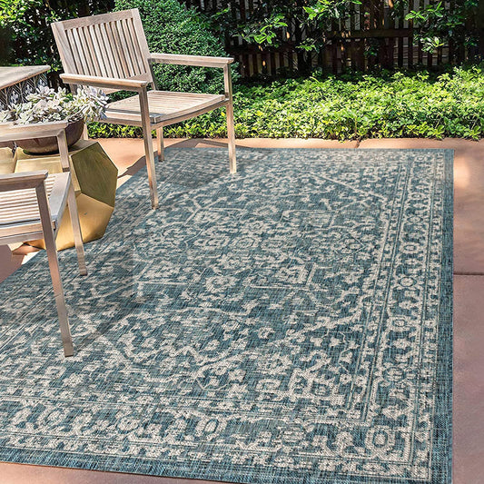 Malta Bohemian Medallion Textured Weave Indoor/Outdoor Area Rug - Teal/Gray