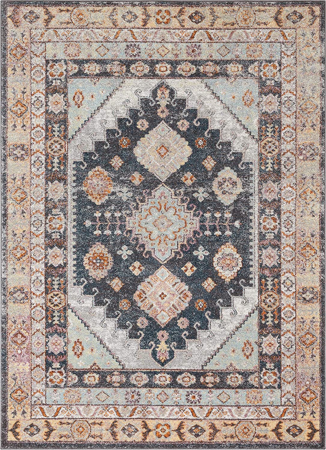 Vera Vintage Blue Tribal Diamond Medallion Pattern Area Rug