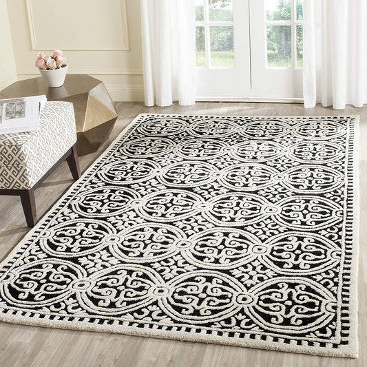 Handcrafted Geometric Black ivory Premium Wool Soft Area Rug