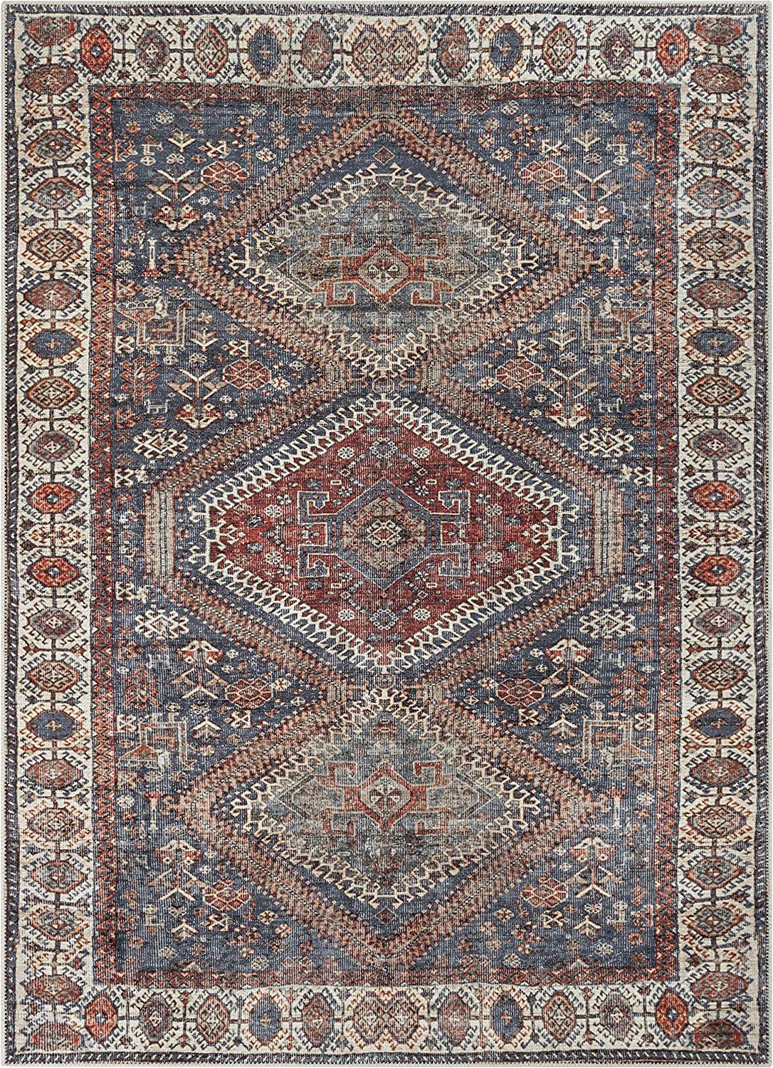 Ripon Red Blue Vintage Distressed Persian Area Rug