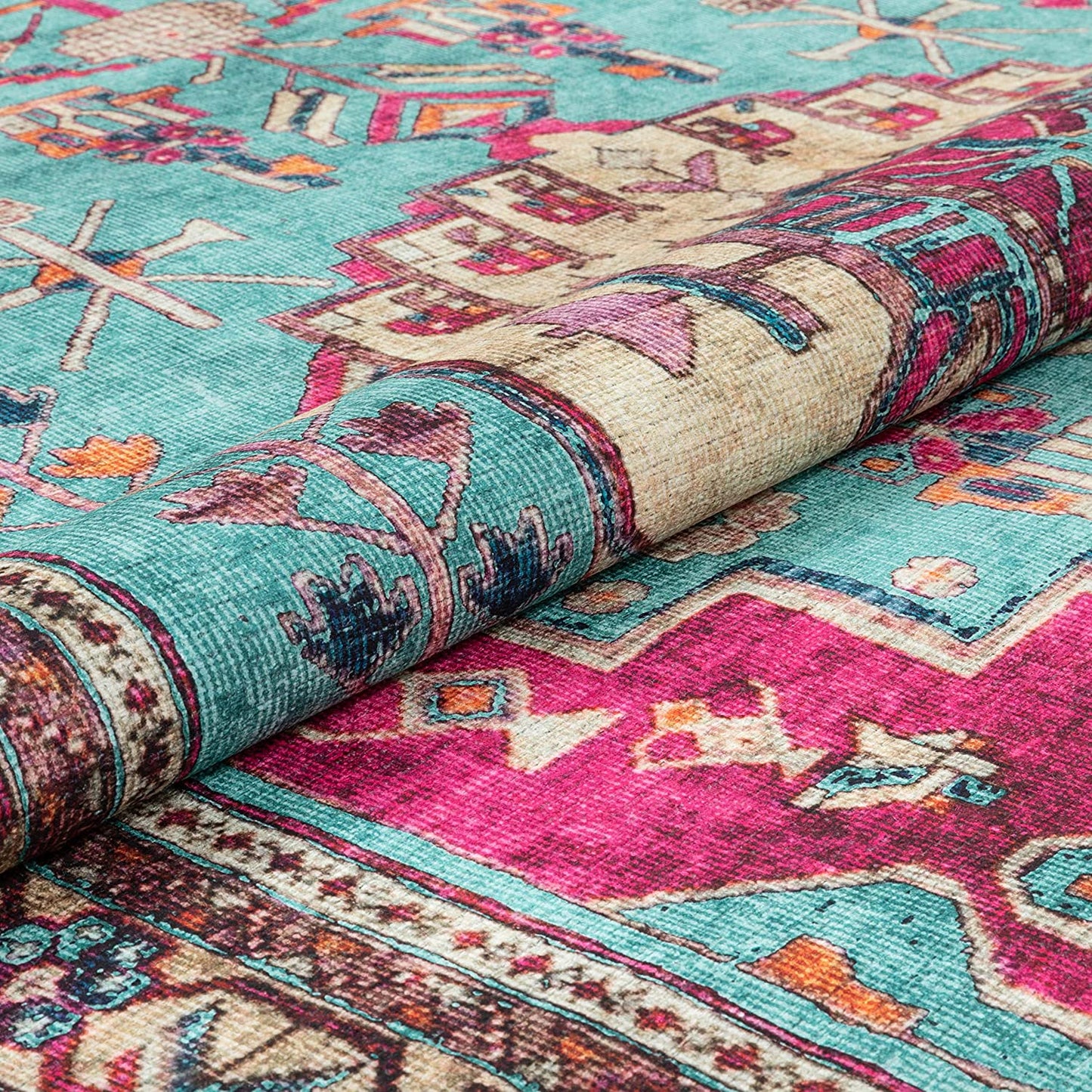 Shasta Blue Fuchsia Machine Washable Vintage Distressed Persian Area Rug