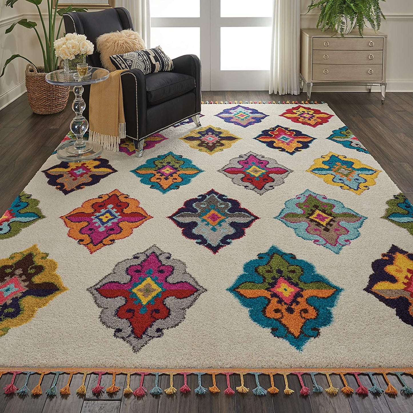 Moroccan Casbah Plush Ivory/Multicolor Shag Area Rug