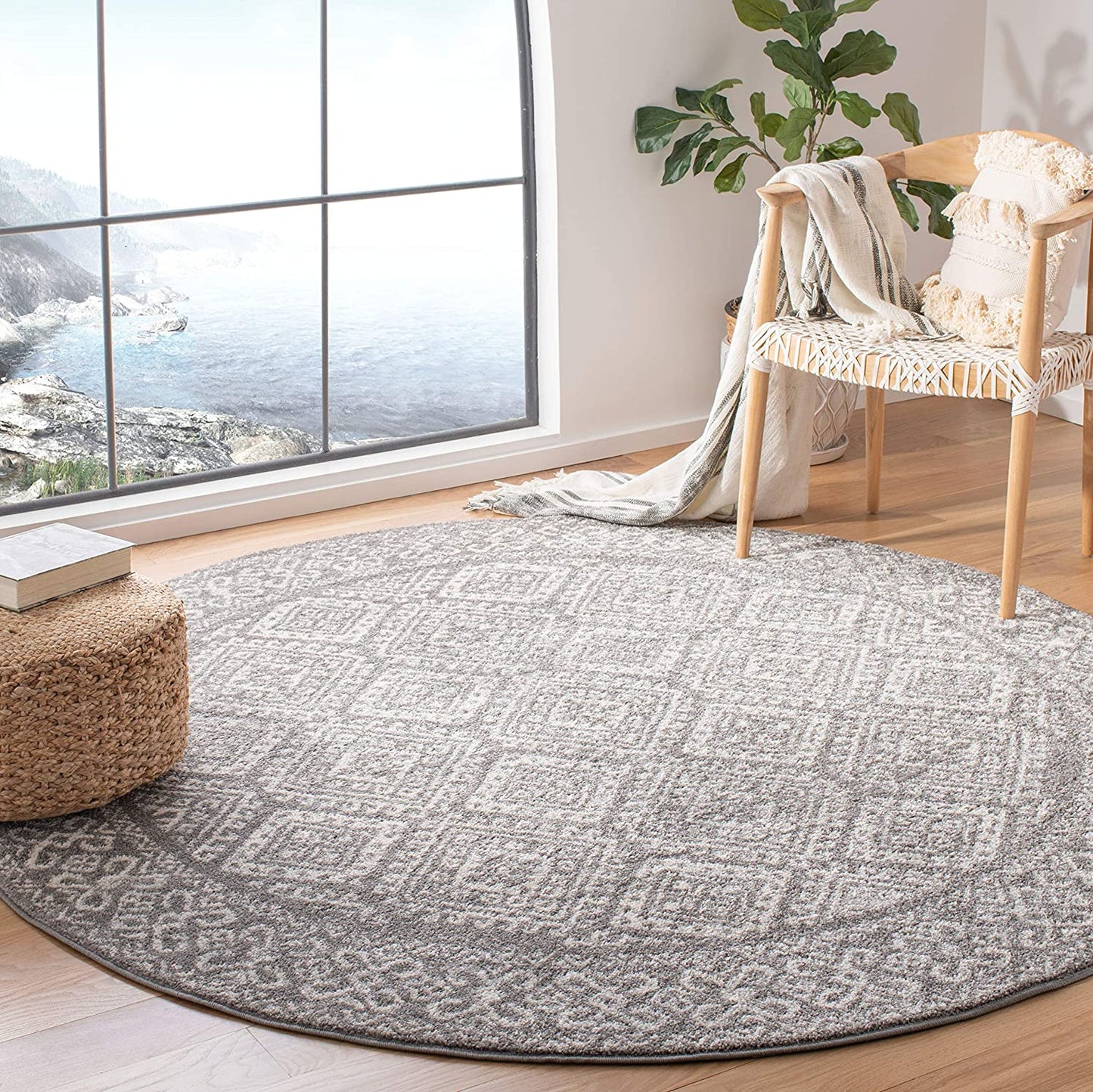 Moroccan Boho Distressed Area Rug Dark Grey / Ivory
