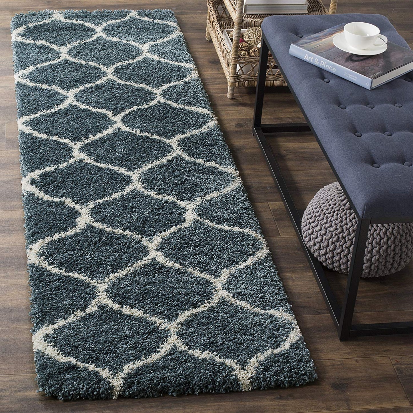 Moroccan Pattern Slate Blue Ivory Plush Shag Area Rug