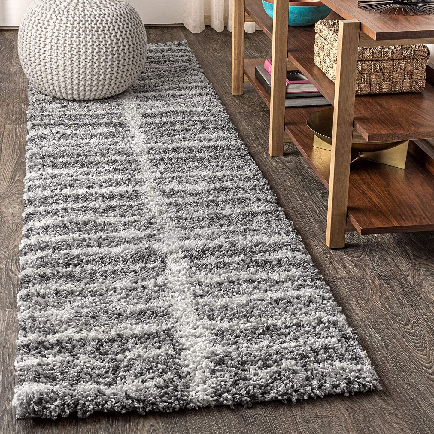 Merida Stacked Grid Shag Grey/Ivory Soft Area Rug