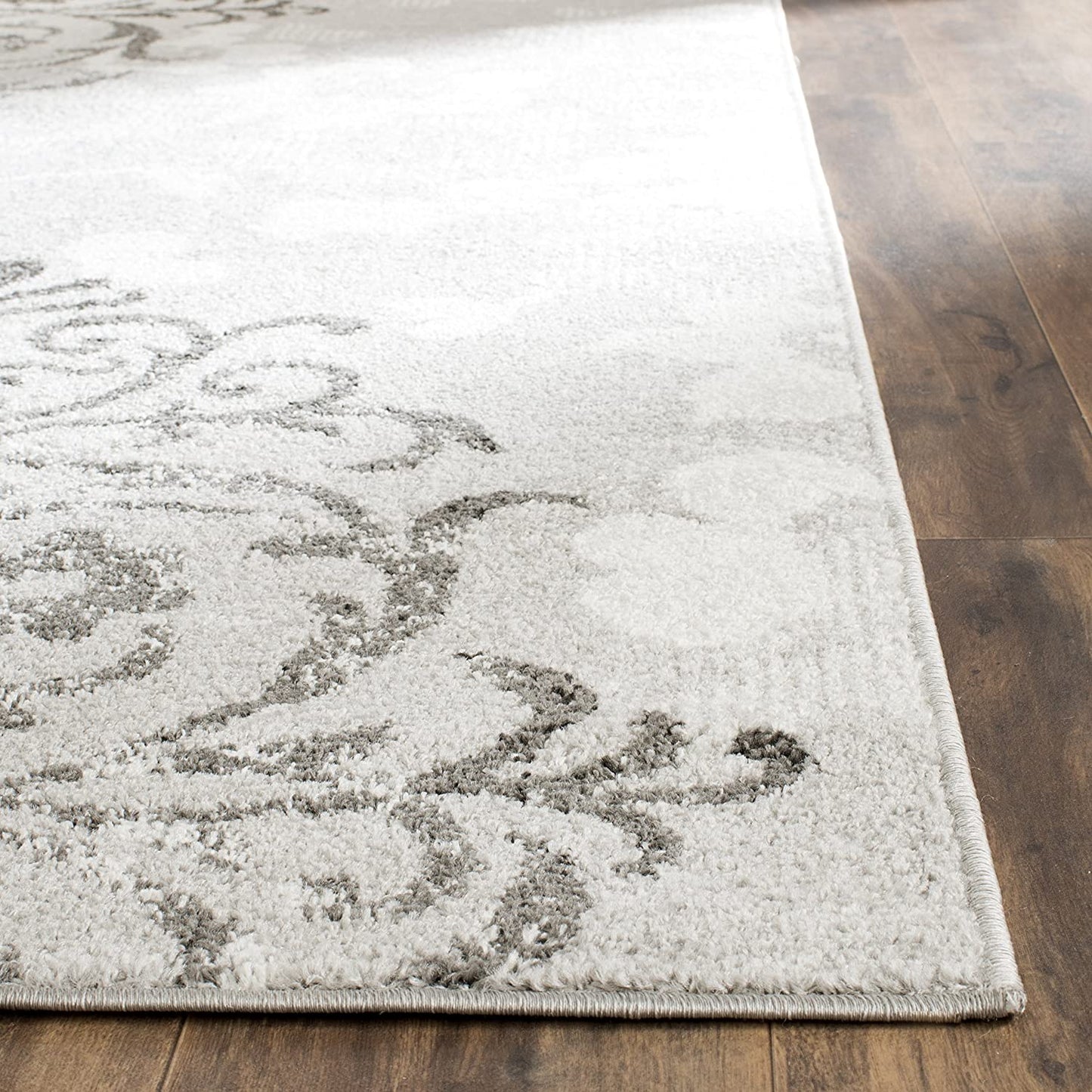 Silver and Ivory Contemporary Chic Damask Soft Area Rug