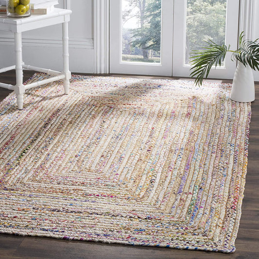 Handmade Boho Braided Jute Cotton Area Rug, Beige / Multi
