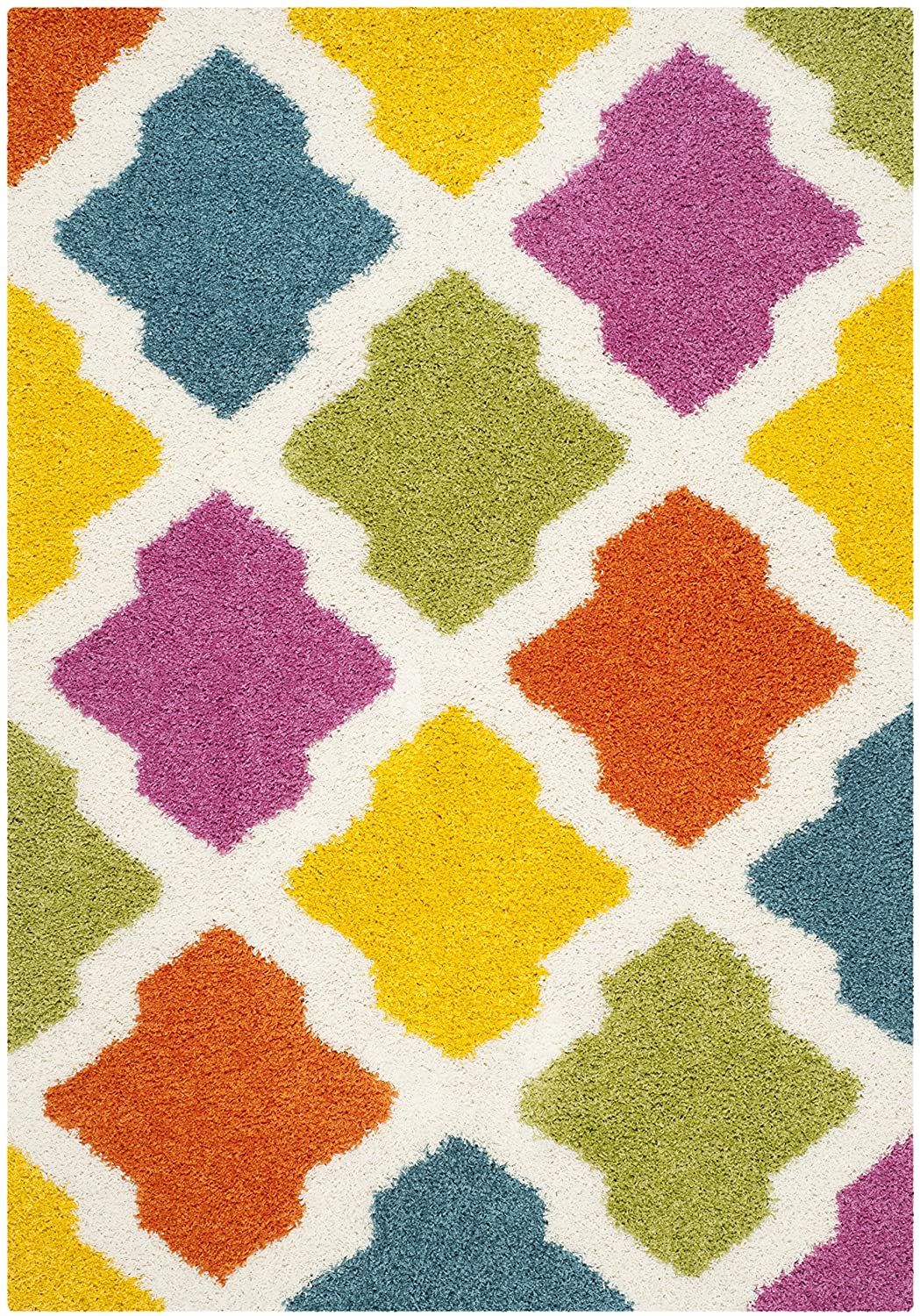 Kids Shag Collection Rainbow Trellis Plush 2-inch Thick Area Rug Ivory / Multi