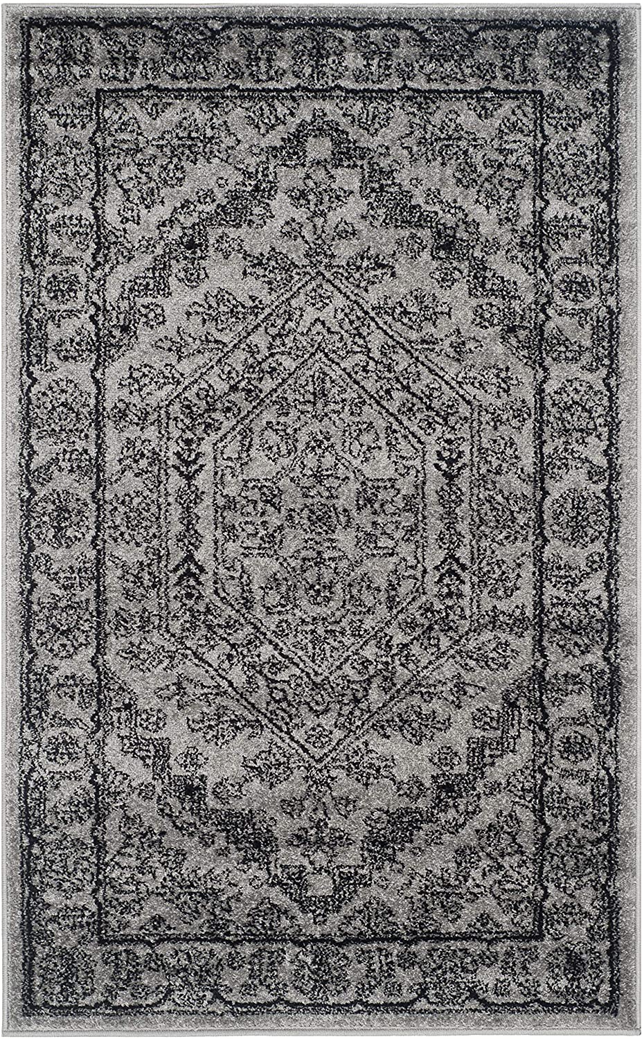Oriental Vintage Distressed Medallion Silver/Black Soft Area Rug