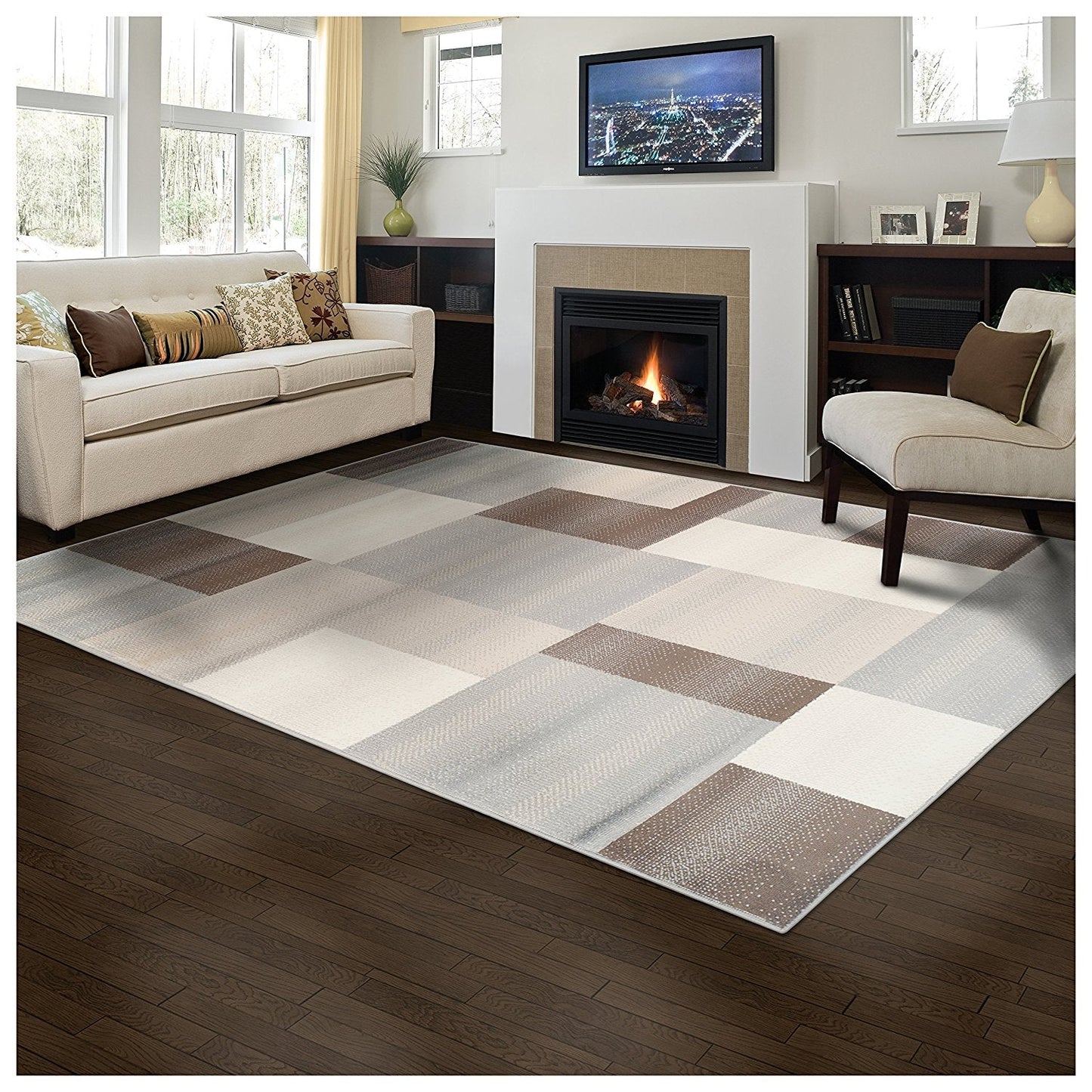 Rectangular Boxes Pattern Ivory Beige Area Rug