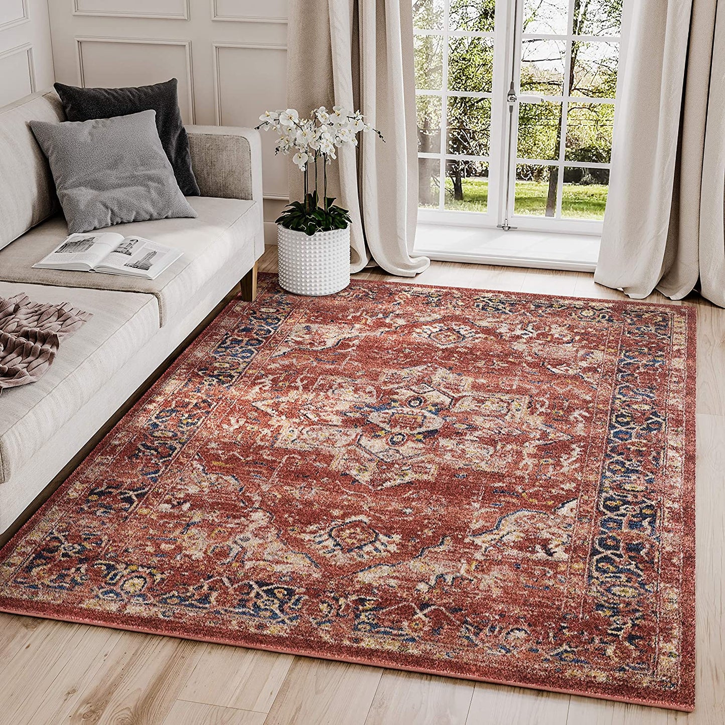 Red & Beige Oriental Medallion Distressed Vintage Rug
