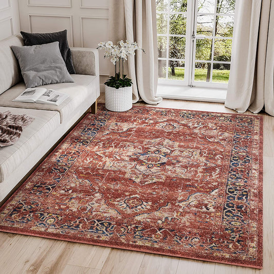 Red & Beige Oriental Medallion Distressed Vintage Rug