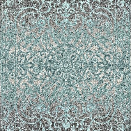 Pelham 2-Piece Non Slip Machine Washable Traditional Vintage Throw and Runner Floor Carpet, 17"x24" + 17"x48", Blue/Grey