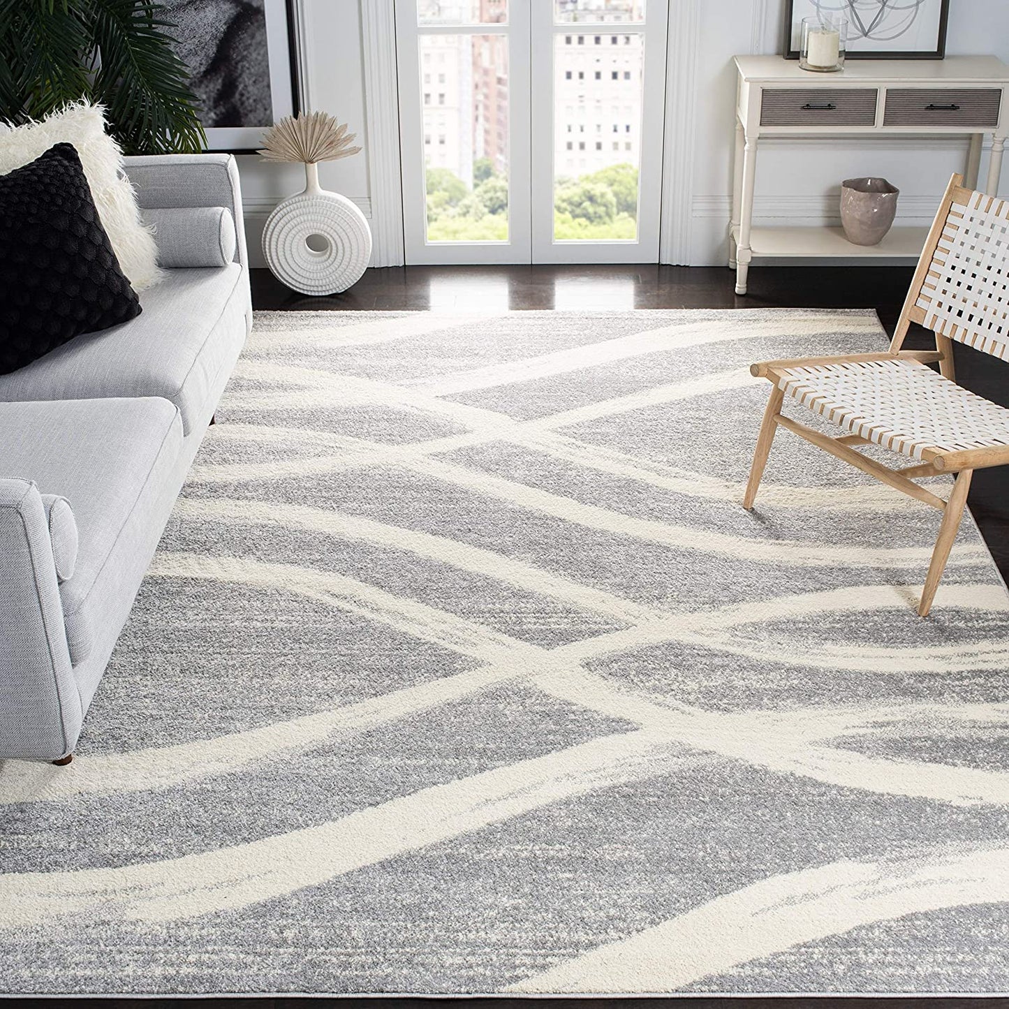 Modern Wave Distressed Soft Area Rug, Grey / Cream